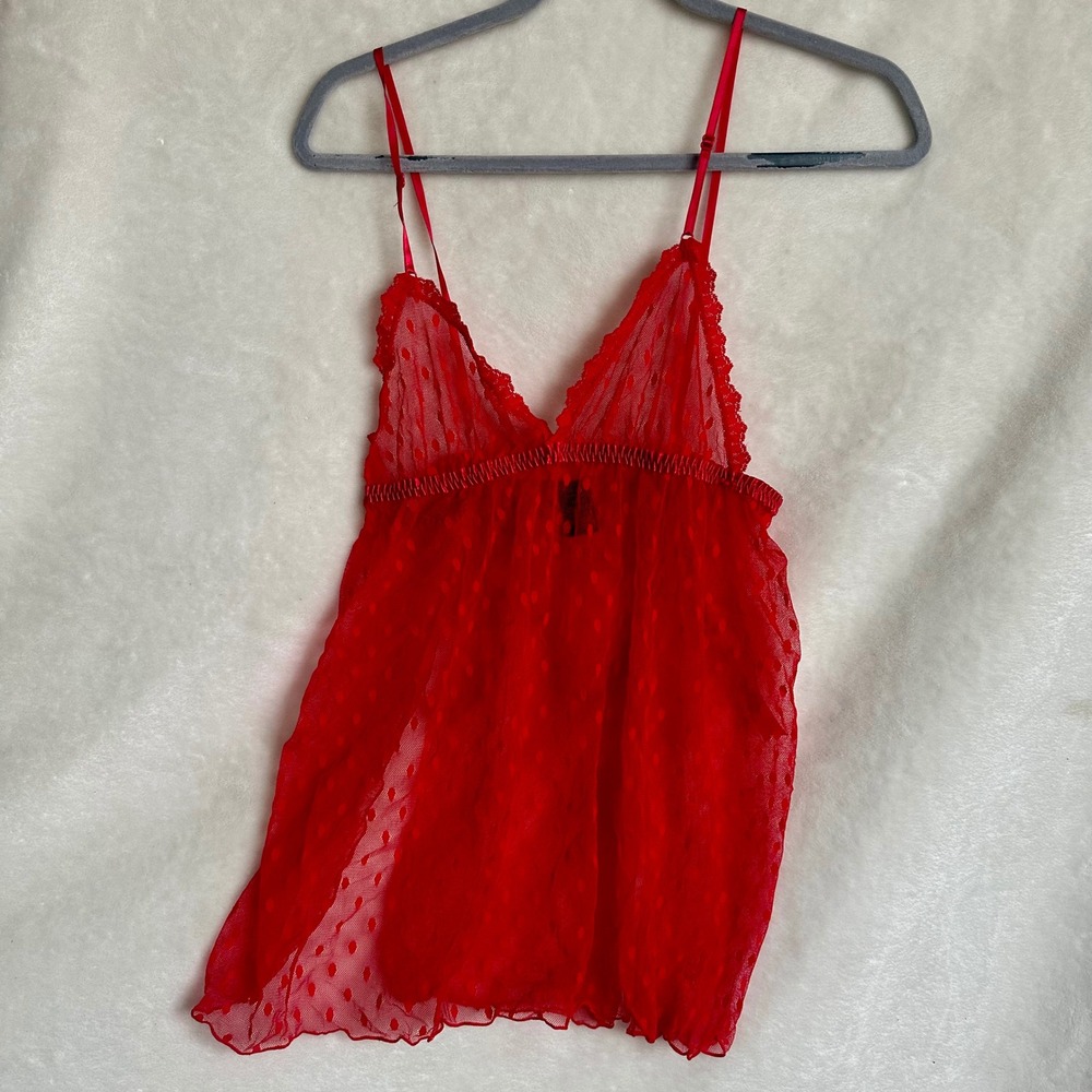Smart & Sexy NWOT Babydoll & Thong Set Red Sheer Polka Swiss Dot Lingerie Wmns L
